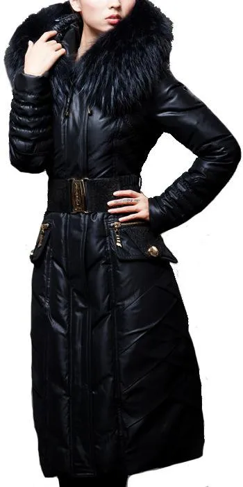Belted Black Fur-Hooded Feather Down fill Coat