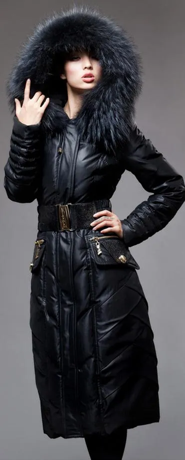 Belted Black Fur-Hooded Feather Down fill Coat
