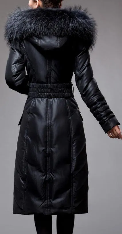 Belted Black Fur-Hooded Feather Down fill Coat