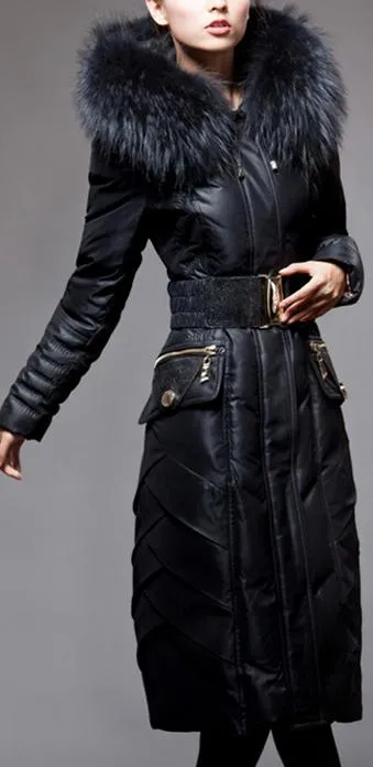 Belted Black Fur-Hooded Feather Down fill Coat