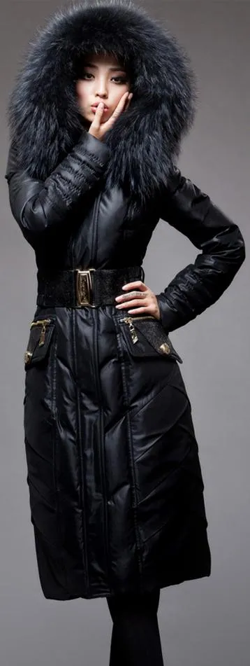 Belted Black Fur-Hooded Feather Down fill Coat