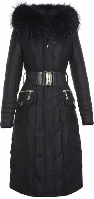 Belted Black Fur-Hooded Feather Down fill Coat