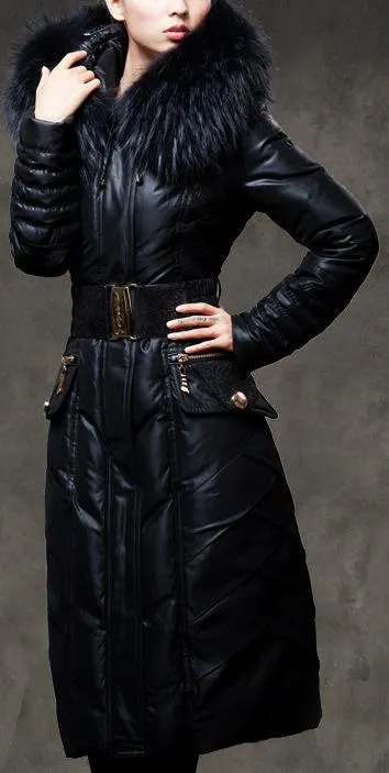 Belted Black Fur-Hooded Feather Down fill Coat