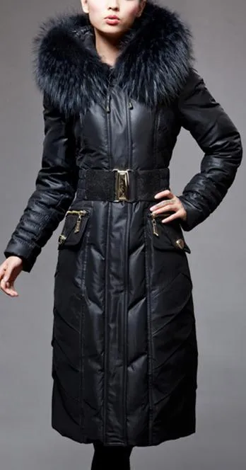 Belted Black Fur-Hooded Feather Down fill Coat