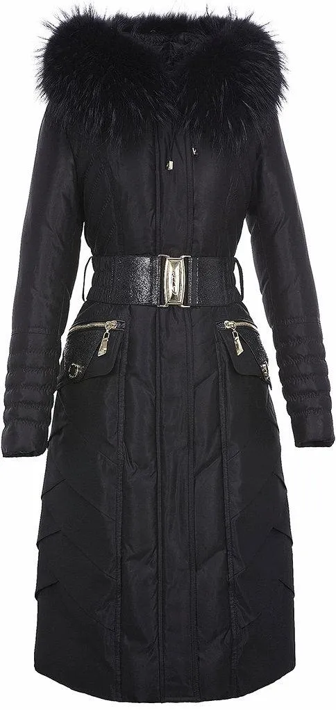Belted Black Fur-Hooded Feather Down fill Coat