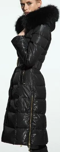 Belted Black Fur-Hooded Puffer Coat