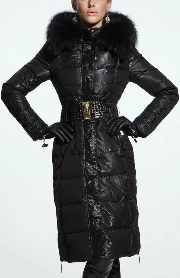 Belted Black Fur-Hooded Puffer Coat