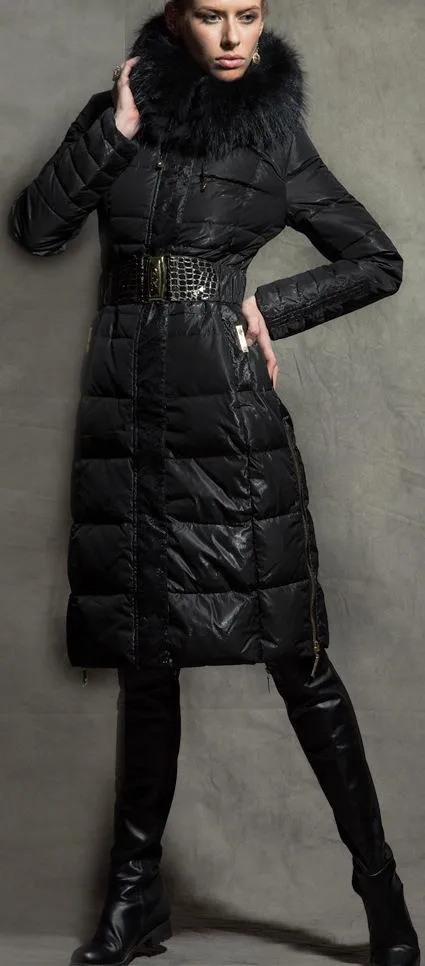 Belted Black Fur-Hooded Puffer Coat