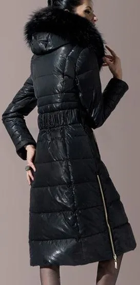Belted Black Fur-Hooded Puffer Coat