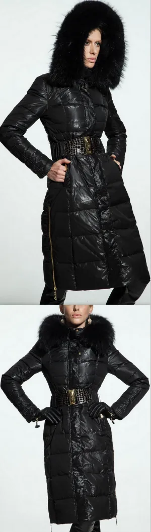 Belted Black Fur-Hooded Puffer Coat