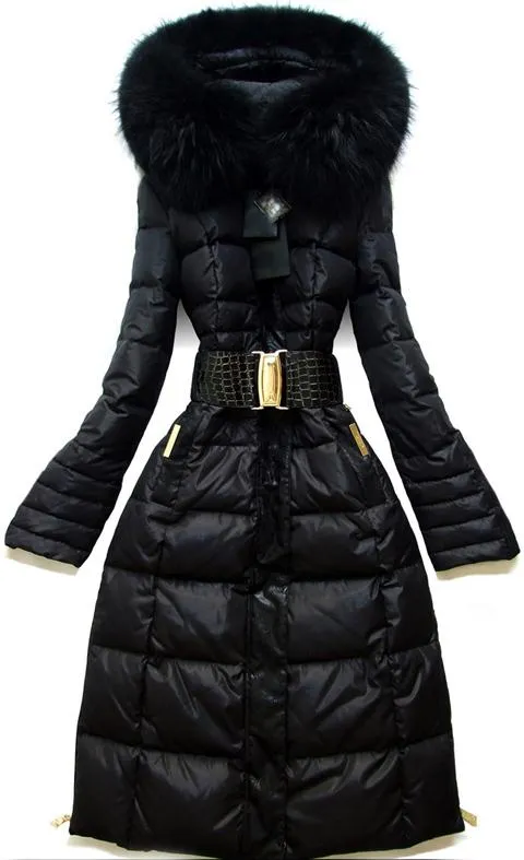 Belted Black Fur-Hooded Puffer Coat