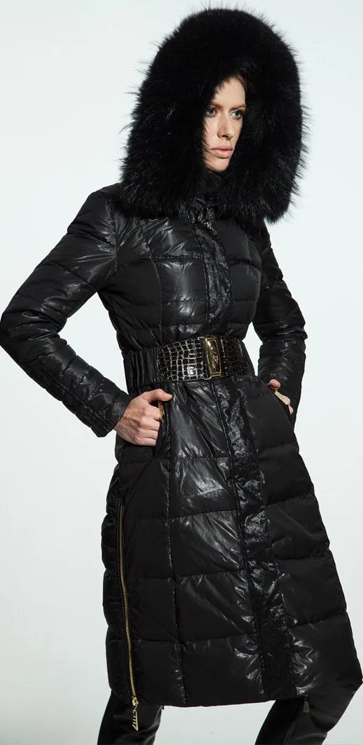 Belted Black Fur-Hooded Puffer Coat