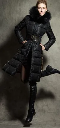 Belted Black Fur-Hooded Puffer Coat