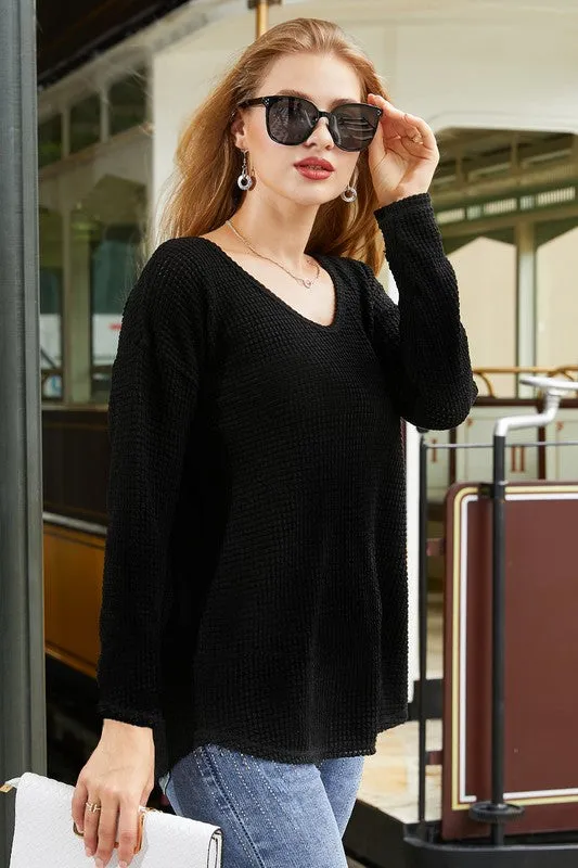 Black V-Neck Waffle Knit Long Sleeve Top