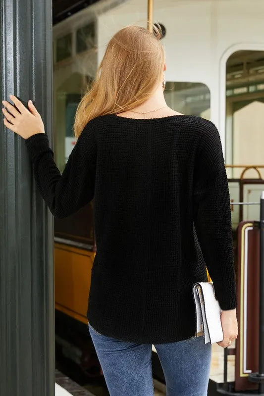 Black V-Neck Waffle Knit Long Sleeve Top