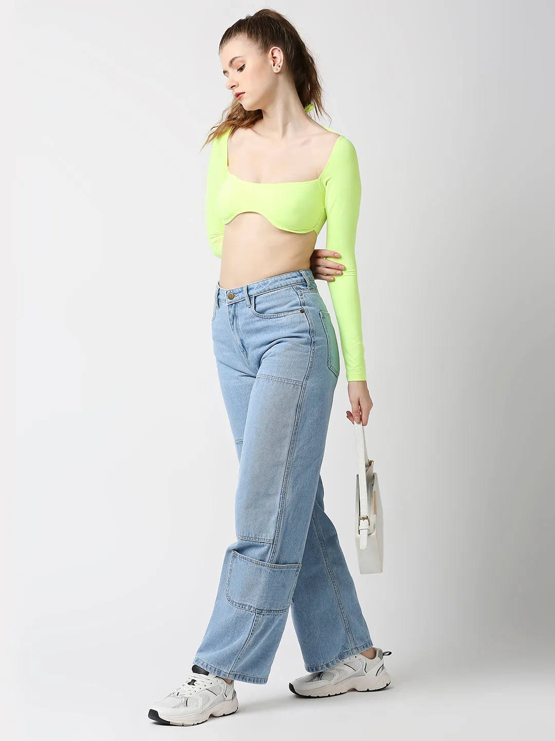 Disrupt Women Neon Green Wide Square Neck Slim Fit Padded Super Crop Top