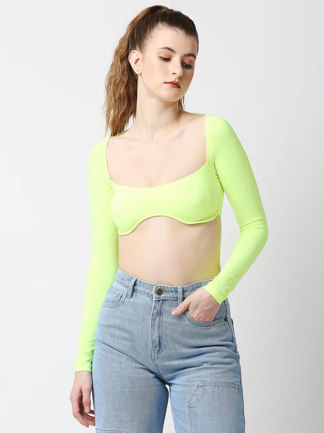 Disrupt Women Neon Green Wide Square Neck Slim Fit Padded Super Crop Top