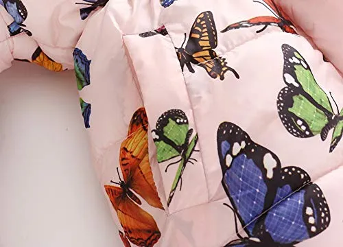 Kehen Big Girl Autumn Winter Parka Down Coat Butterfly Print Puffer Trench Jacket Padded Overcoat with Fur Hood Pink 3T