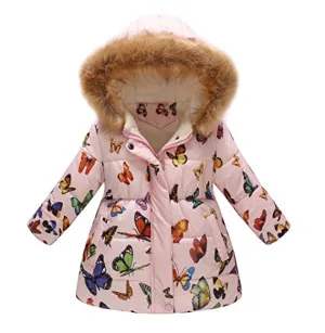 Kehen Big Girl Autumn Winter Parka Down Coat Butterfly Print Puffer Trench Jacket Padded Overcoat with Fur Hood Pink 3T