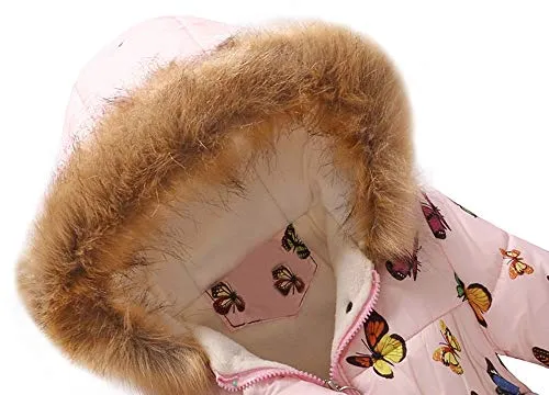 Kehen Big Girl Autumn Winter Parka Down Coat Butterfly Print Puffer Trench Jacket Padded Overcoat with Fur Hood Pink 3T