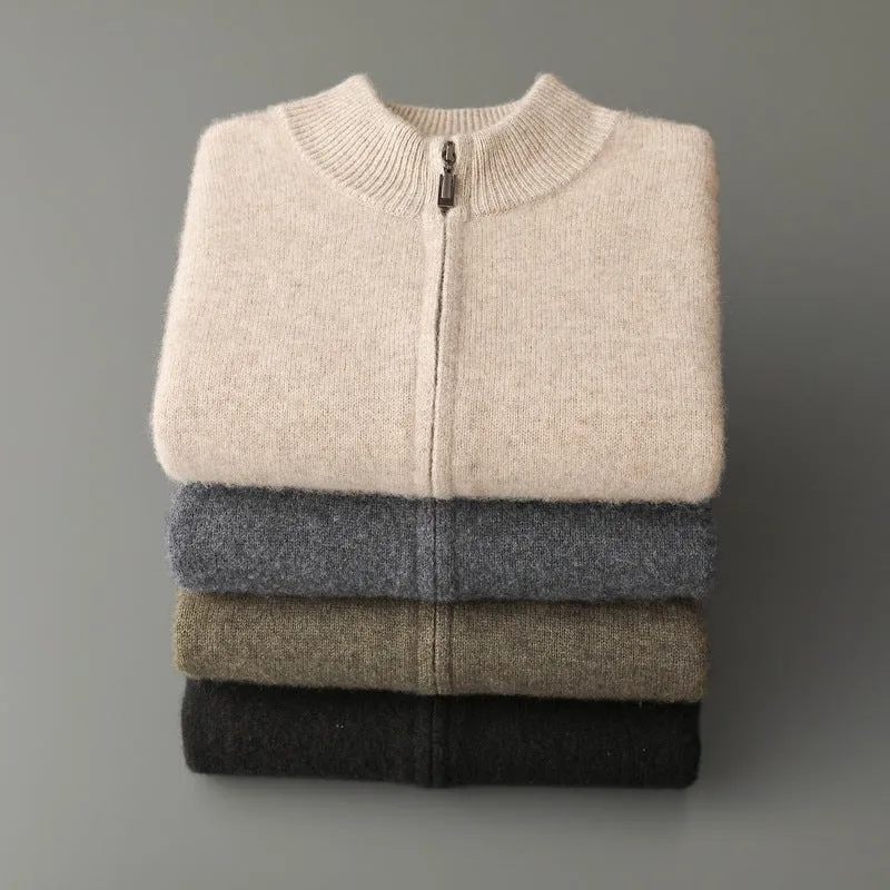 Pure Wool Knit Double-strand Thickening Stand Collar Cashmere Cardigan