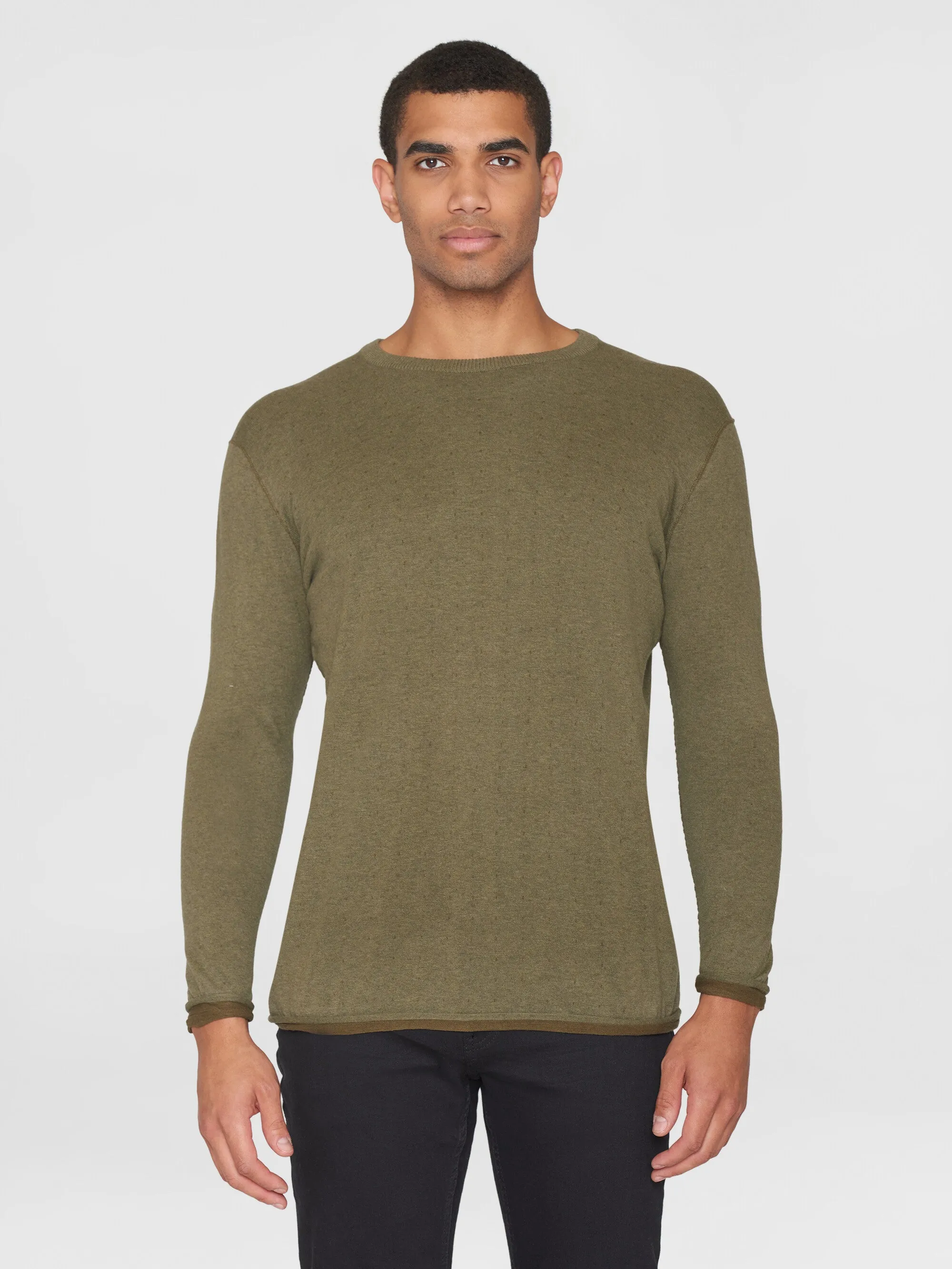 Regular double layer cotton mix rolledge crew neck knit - GOTS/Vegan - Burned Olive