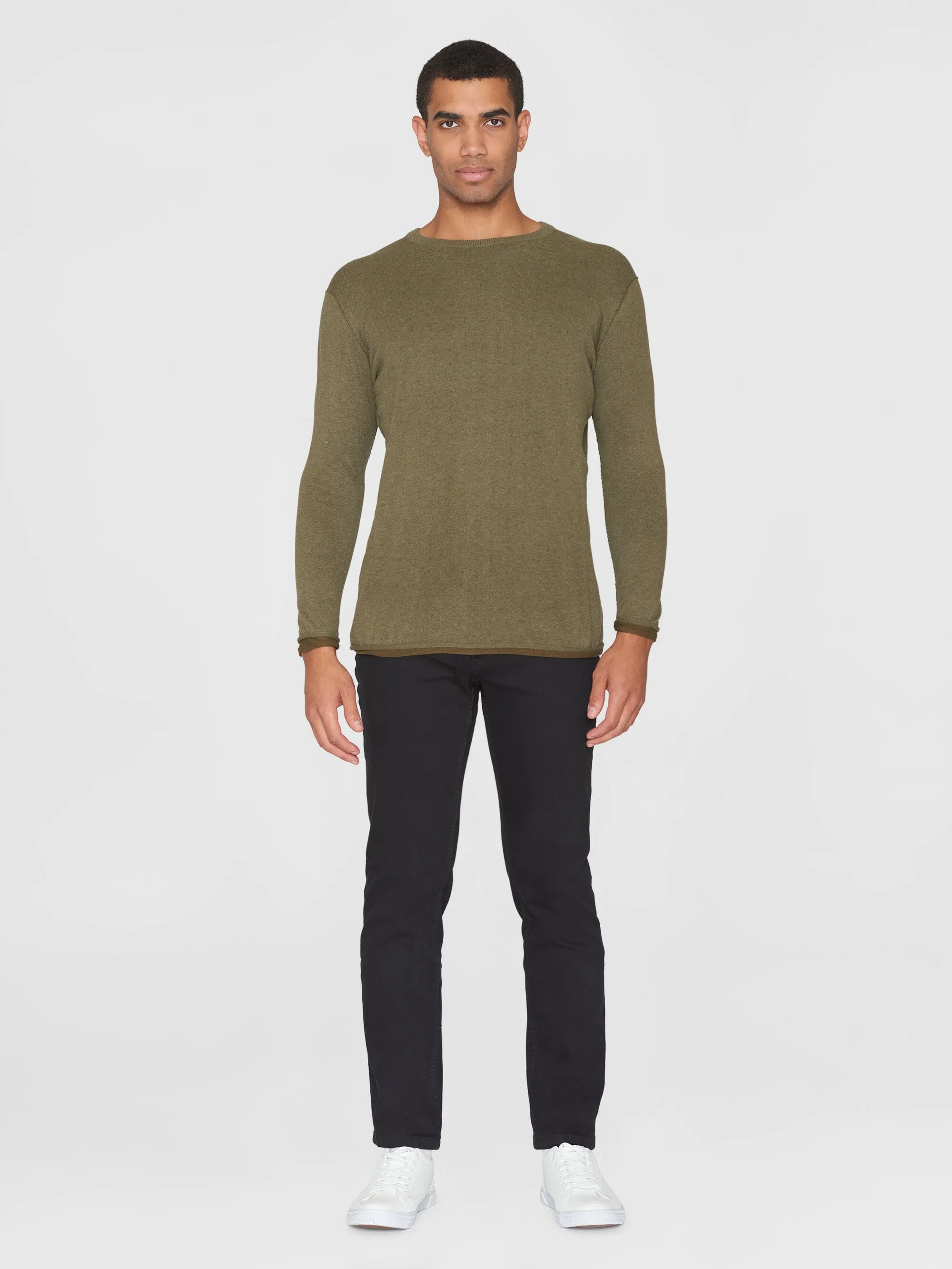 Regular double layer cotton mix rolledge crew neck knit - GOTS/Vegan - Burned Olive