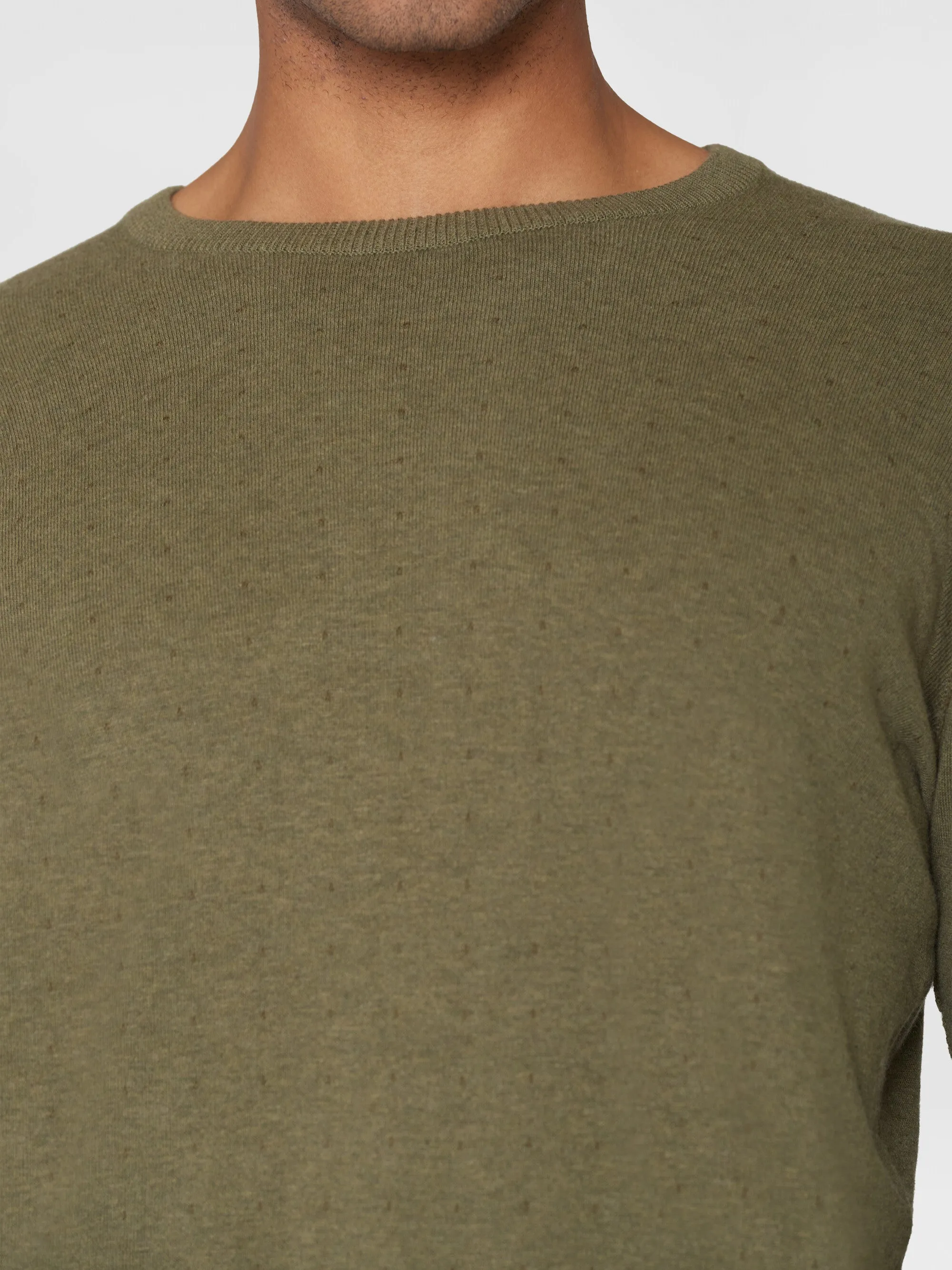 Regular double layer cotton mix rolledge crew neck knit - GOTS/Vegan - Burned Olive
