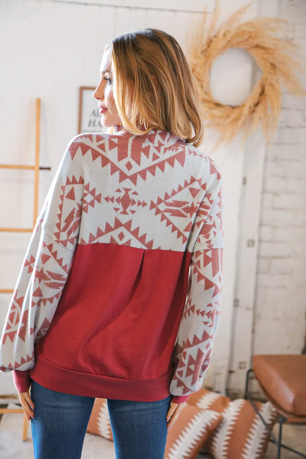 Rust & Grey Aztec Zipper Down Fleece Pullover