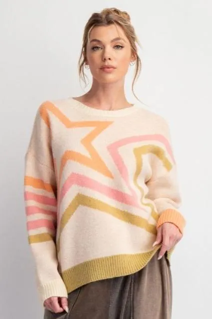 Star Style Patterned Knit Long Sleeve Pullover Sweater