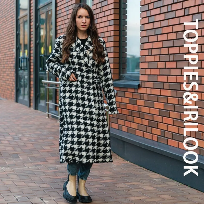 Toppies 2021 Herbst Damen Lange Wolle Windmantel Femme Houndstooth Tops Trench Casual Doppelreihiger Wollmantel