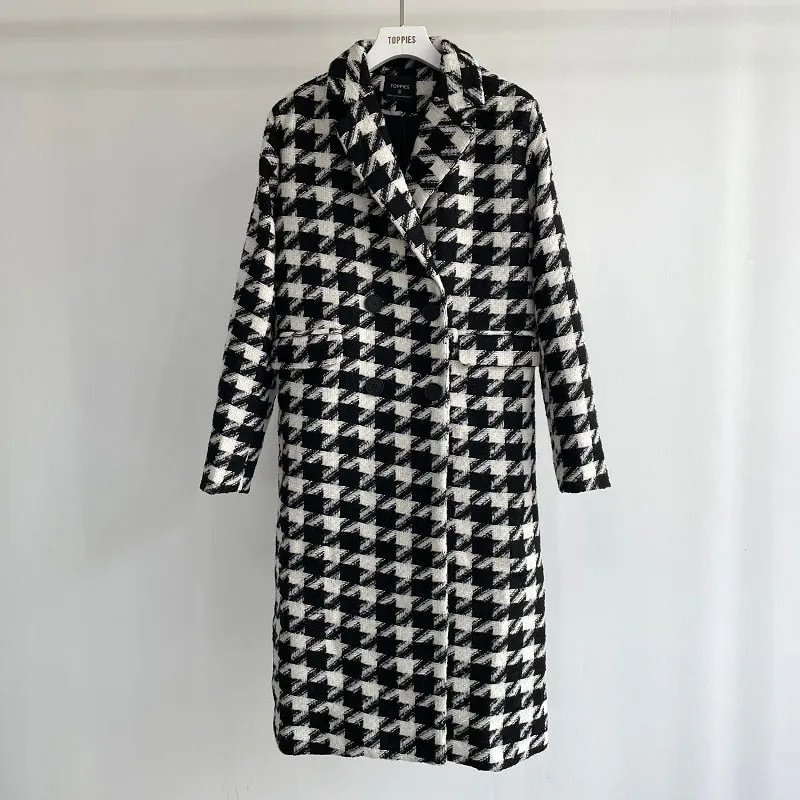 Toppies 2021 Herbst Damen Lange Wolle Windmantel Femme Houndstooth Tops Trench Casual Doppelreihiger Wollmantel