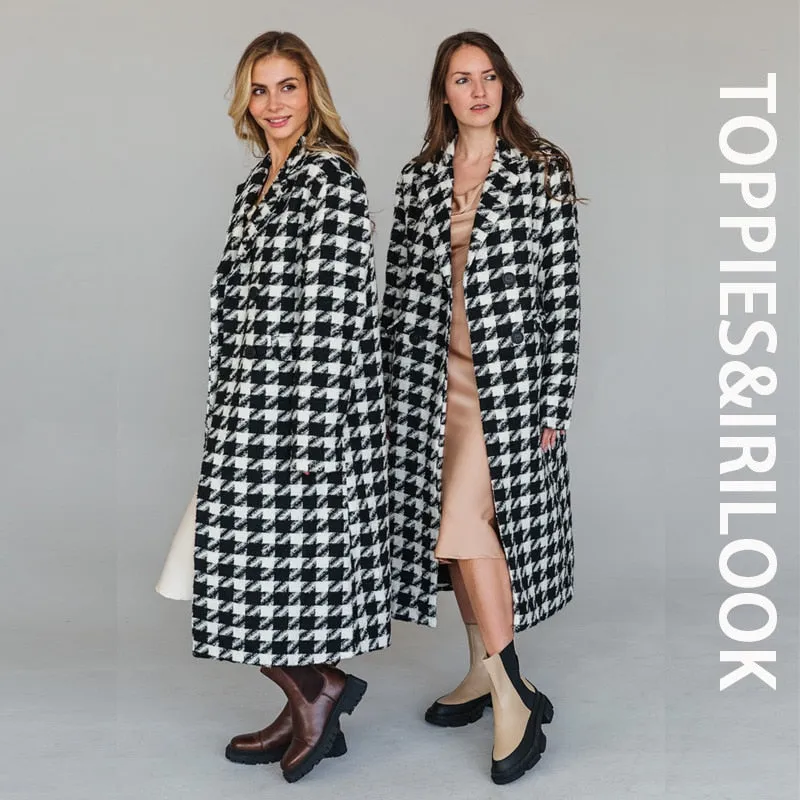 Toppies 2021 Herbst Damen Lange Wolle Windmantel Femme Houndstooth Tops Trench Casual Doppelreihiger Wollmantel