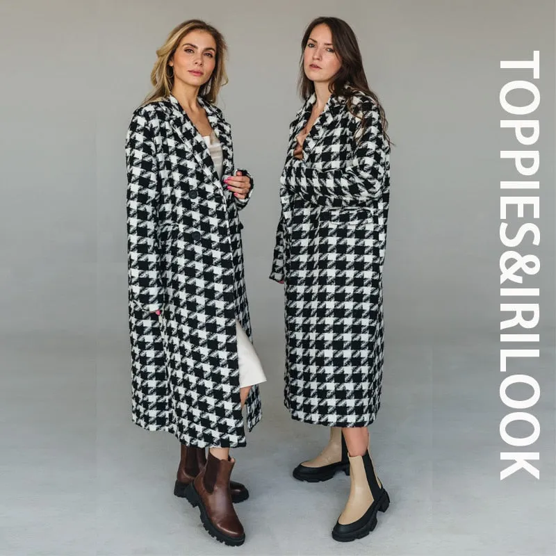 Toppies 2021 Herbst Damen Lange Wolle Windmantel Femme Houndstooth Tops Trench Casual Doppelreihiger Wollmantel