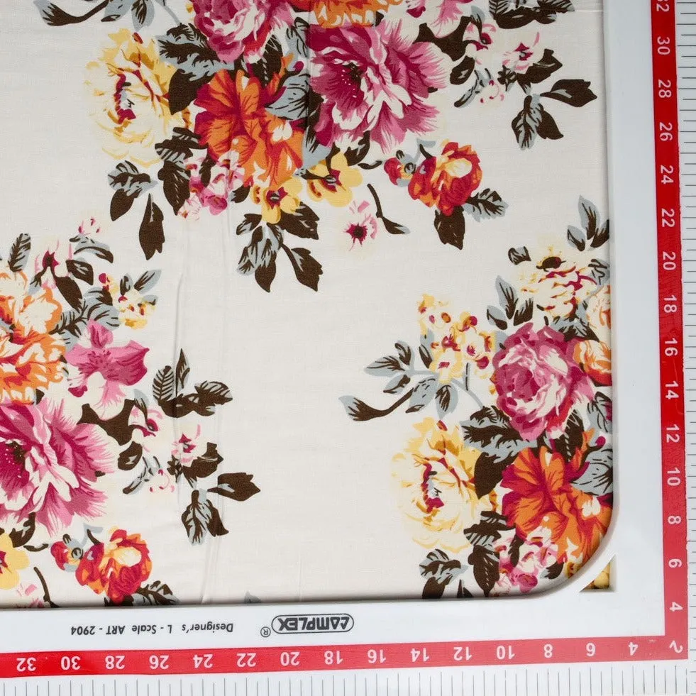 White Floral Print Rayon Fabric , Plain Weave 56 Inches , TU 4019-3