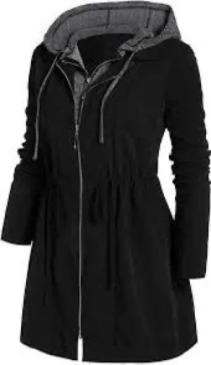 Women's Long Coat Women's double Row Zipper Fake Two Large Size Trench Coat With Hood   J46273