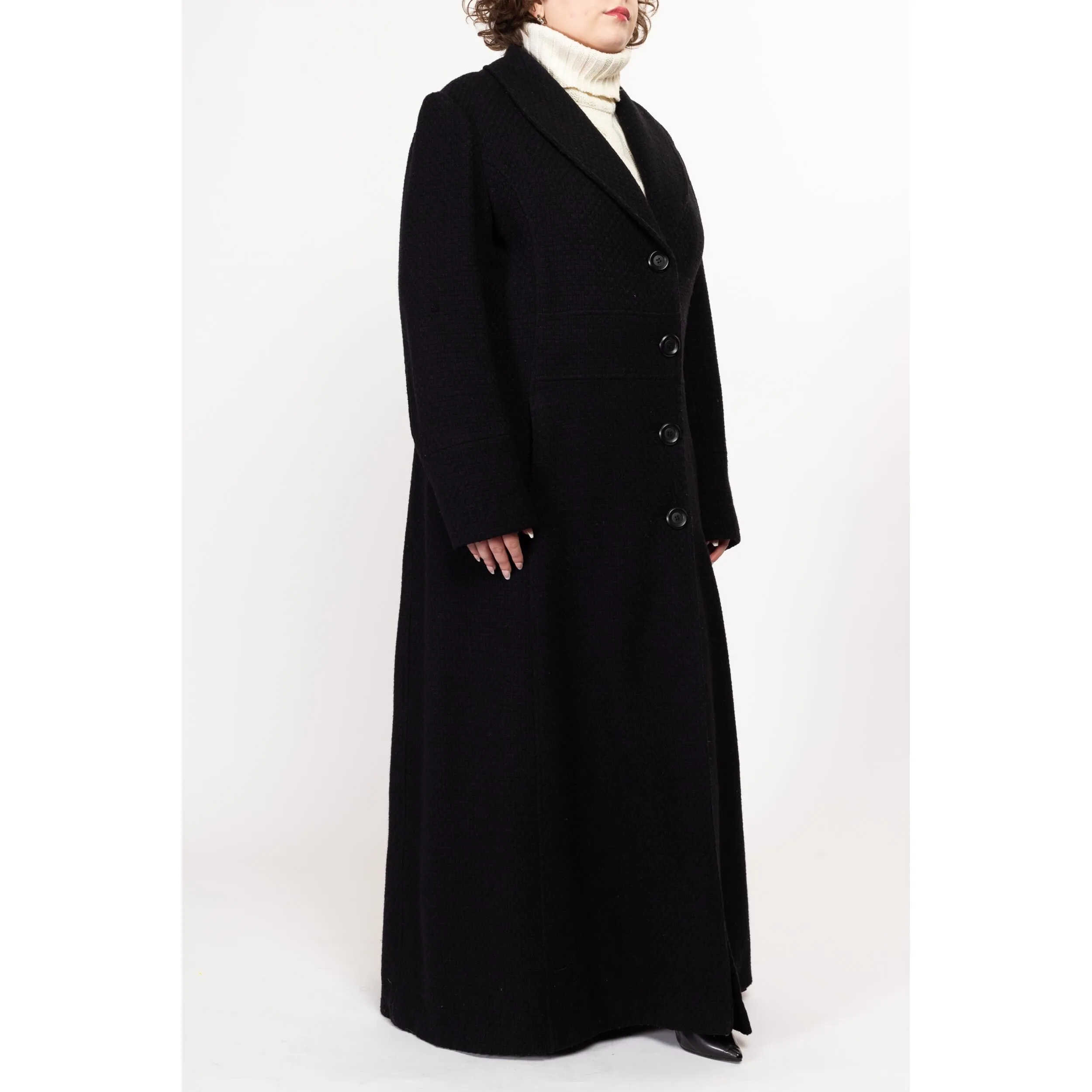 XL 90s Black Wool Knit Maxi Overcoat