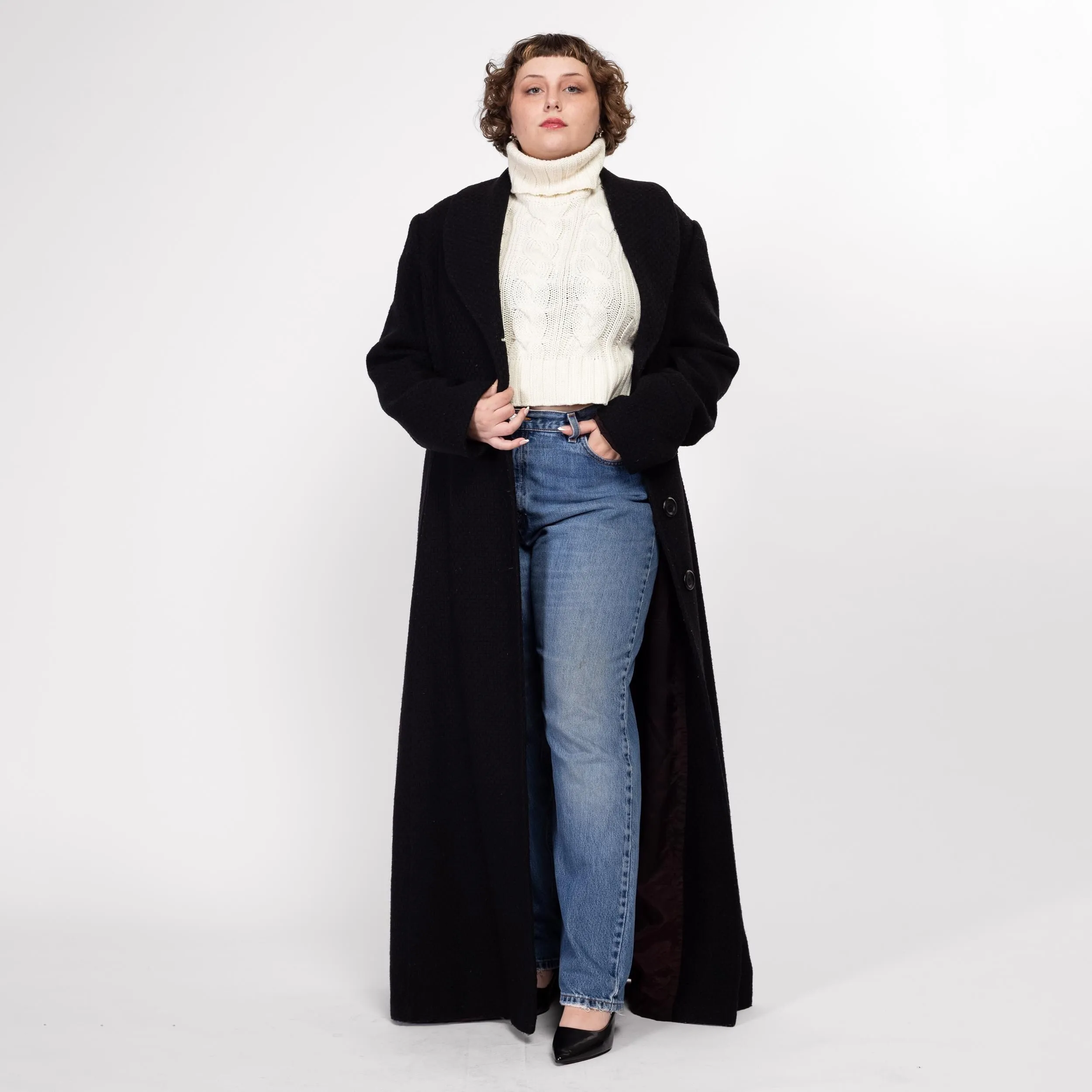 XL 90s Black Wool Knit Maxi Overcoat