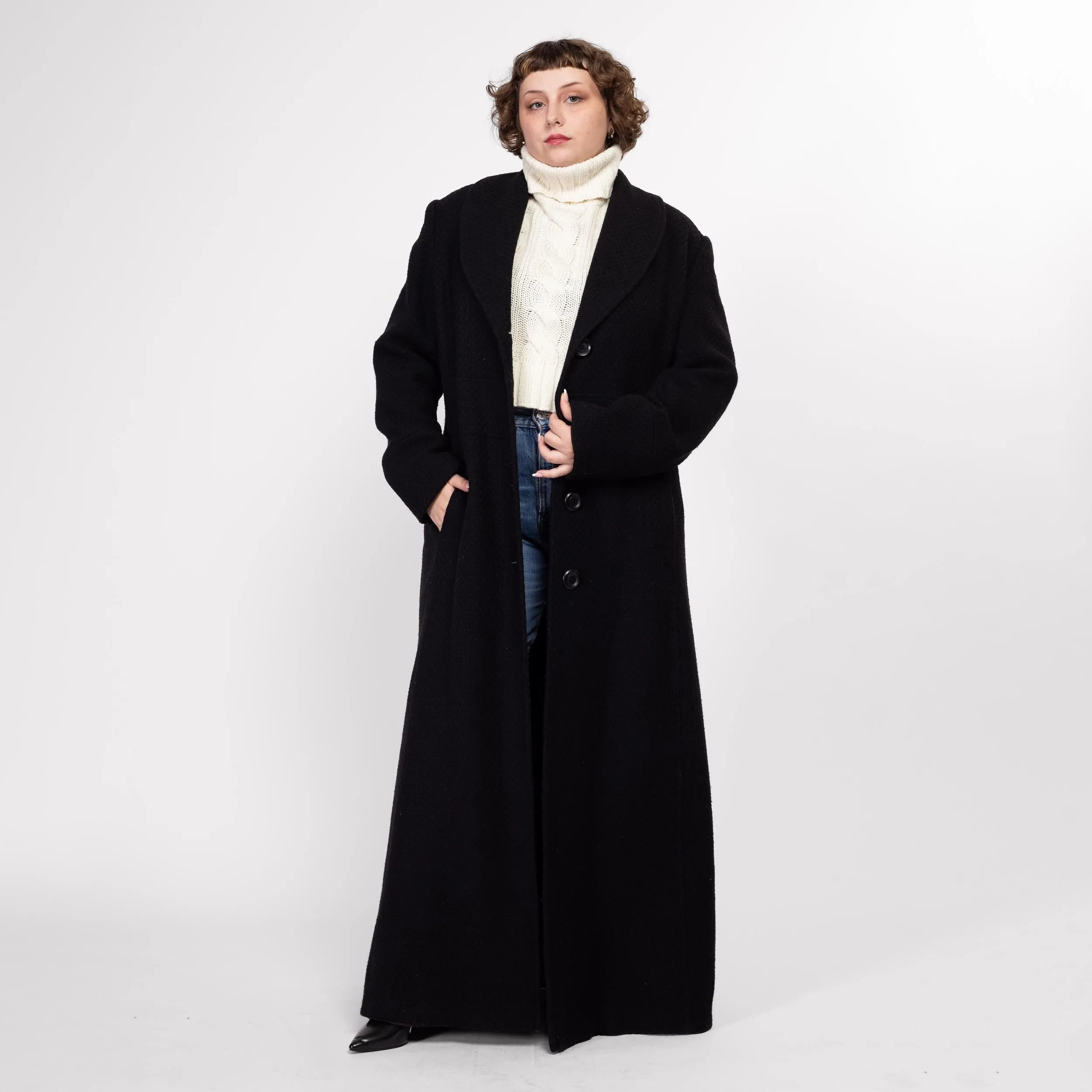 XL 90s Black Wool Knit Maxi Overcoat