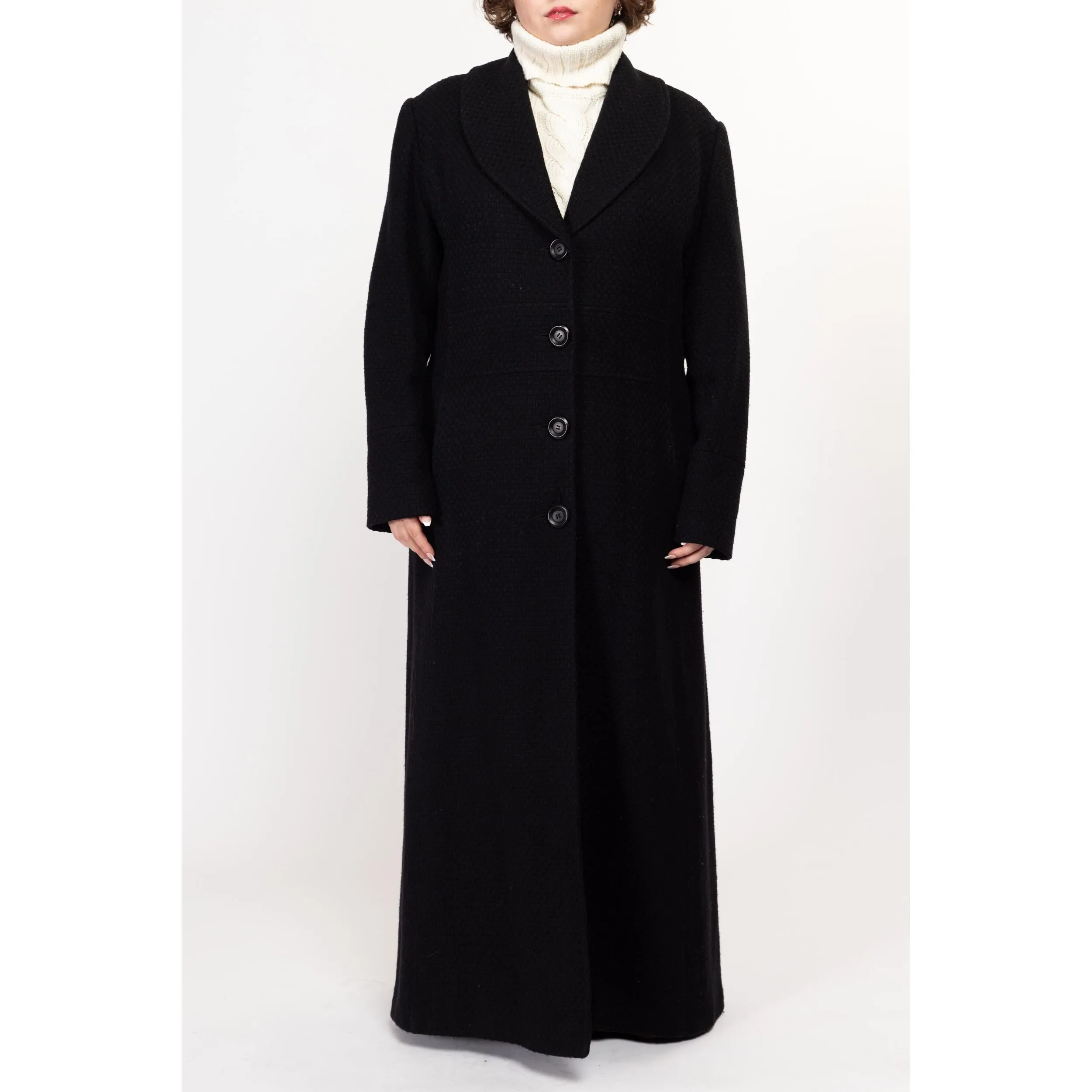 XL 90s Black Wool Knit Maxi Overcoat