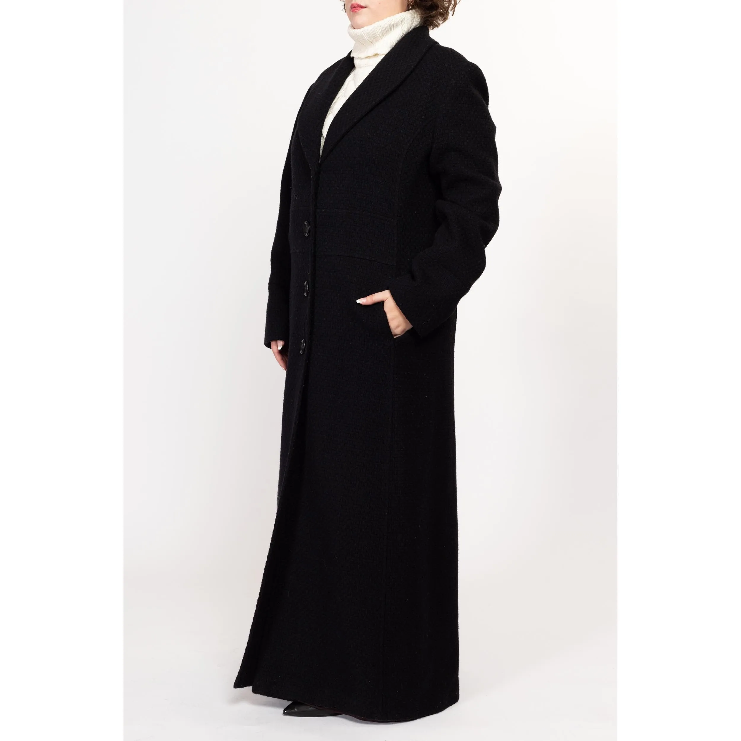 XL 90s Black Wool Knit Maxi Overcoat